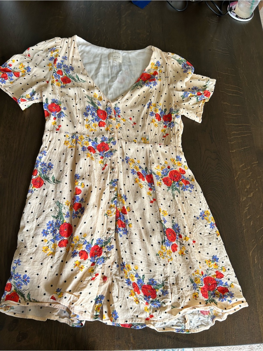 Sezane Lilly dress in poppy print floral mini dress button down short sleeve - Picture 9 of 16